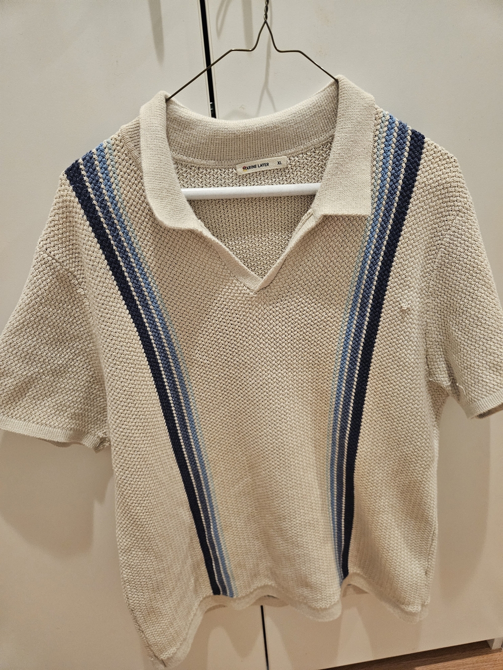 Marine Layer Cream Knit Polo with Navy and Light Blue Stripes